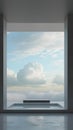 minimalist room, a large window frames a majestic view of puffy clouds with a sleek bench as the sole furniture piece.