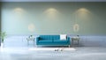 Vintage green room ,Minimalist interior , blue sofa with green mint table and white lamp on green wall and white wood flooring ,
