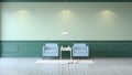 Vintage green room ,Minimalist interior ,light blue armchairs with green mint table and white lamp on green wall and white wood