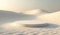 Minimalist round platform rests on white sand dunes under soft light. Empty stage for product display or abstract scene. Clean, Royalty Free Stock Photo