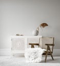 Minimalist Scandi Boho home interior mock-up with chest of drawers, chair and decor in living room