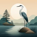 Minimalist Scandinavian Art: Heron In Dark Turquoise And Light Gray