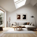 Minimalist scandinavian living room interior with sofa, armchair, cushions, large windows in bright daylight. Copy space