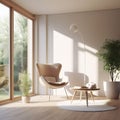 Minimalist scandinavian living room interior with sofa, armchair cushions with large windows in daylight. Copy space