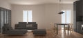 Minimalist scandinavian living room with kitchen and dining table, sofa, pouf and chaise longue, panoramic window, contemporary wh