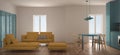 Minimalist scandinavian living room with kitchen and dining table, sofa, pouf and chaise longue, panoramic window, contemporary ye
