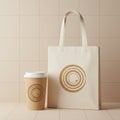 A minimalist scene featuring a beige paper coffee cup with a white lid and a beige tote Royalty Free Stock Photo