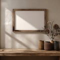Blank Wooden Frame with Dried Flowers and Pottery on Rustic Shelf Royalty Free Stock Photo