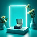 Turquoise Floral Serenity: Neon-Lit Jewelry Box Display Royalty Free Stock Photo