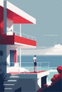 Minimalist scene man character enjoying sea landscape view on balcony or outdoor terrace, flat vector illustration.