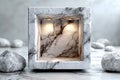 Illuminated marble cube display with rocks and textured background creating a minimalist aesthetic Royalty Free Stock Photo
