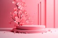 Pink minimalism: Geometric shapes and cherry branches on a dark background with a pedestal. AI generated