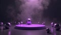 Minimalist scene with purple platform and metallic spheres in smoky studio. Abstract geometric forms create dramatic atmosphere. Royalty Free Stock Photo