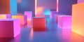 A minimalist scene of vibrant neon-colored cubes, placed randomly on a light surface, with soft,