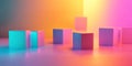 A minimalist scene of vibrant neon-colored cubes, placed randomly on a light surface, with soft,