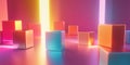 A minimalist scene of vibrant neon-colored cubes, placed randomly on a light surface, with soft,