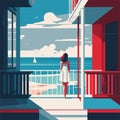 Minimalist scene woman character enjoying sea landscape view on balcony or outdoor terrace, flat vector illustration.