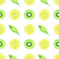 Minimalist seamless fruit pattern with kiwi, lemon and green leaf