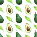Minimalist seamless pattern with watercolor slices and whole avocado and green leaf Royalty Free Stock Photo