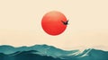 Minimalist seascape with large red sun and solitary bird Royalty Free Stock Photo