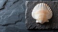 Minimalist seashell close-up styled on a textured dark stone