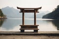 Minimalist Serenity: Traditional Japanese Wooden Shinto Shrine in a Serene Setting