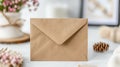 Minimalist setting brown envelope placed on white table under gentle, natural lighting Royalty Free Stock Photo