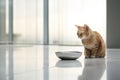 In a minimalist setting, a small ginger kitten sits on the light floor beside an iron food bowl