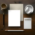 Minimalist layout, a white blank sheet of paper, coffee, headphones and a pencil Royalty Free Stock Photo