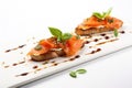 minimalist shot of bruschetta with smoked salmon on white