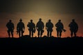 Minimalist side silhouette army soldiers disciplined shadows in profile