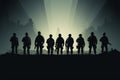 Minimalist side silhouette depicts the shadow of disciplined army soldiers