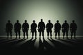 Minimalist side silhouette depicts the shadow of disciplined army soldiers