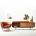 Minimalist Sideboard With Bouroullec Lounge Chair In Tan Leather Royalty Free Stock Photo