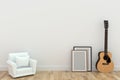 Minimalist single sofa design with guitar in room in 3D rendering