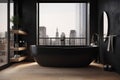 interior furniture modern black bathtub wood luxury home basin bathroom design. Generative AI. Royalty Free Stock Photo
