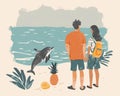 Minimalist sketch of a couple feeding a baby dolphin with pineapple slices by the sea ai generated