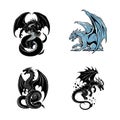 Minimal black silhouettes of shadow dragon ice wyrm magma drake Royalty Free Stock Photo