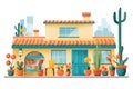 minimalist spanish revival house with terracotta pots and bright flowers, magazine style illustration