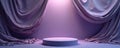 Minimalist stage with draped fabric curtains and a central platform. Soft purple gradient lighting illuminates abstract product Royalty Free Stock Photo