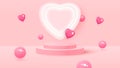 Minimalist stage with pink cylindrical podium, heart-shaped frame and flying heart-shaped balloons. Bouncing balls