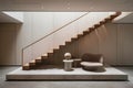 Minimalist staircase on platform with geometric shapes and smooth surfaces against light wall