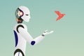 Minimalist stile. vector of robot releasing a red paper bird for freedom concept