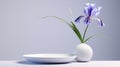 Minimalist Still Life: Purple Iris Flower In Vase On Gray Table Royalty Free Stock Photo