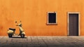 Minimalist Still Life Of Scooter In Front Of Orange House - Uhd Image