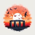 Minimalist Stonehenge Illustration With Flying Birds At Sunset