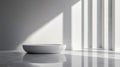 Minimalist studio with circular decor and soft light