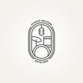Minimalist studio record badge line art icon logo template vector illustration design. simple music studio with mic and drum kit Royalty Free Stock Photo