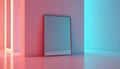 Minimalist studio room features blank mirror reflecting vibrant neon light. Pink, blue gradient background creates modern display Royalty Free Stock Photo