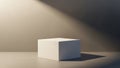 Minimalist studio scene with a white cube pedestal casting a sharp shadow under directional light Royalty Free Stock Photo